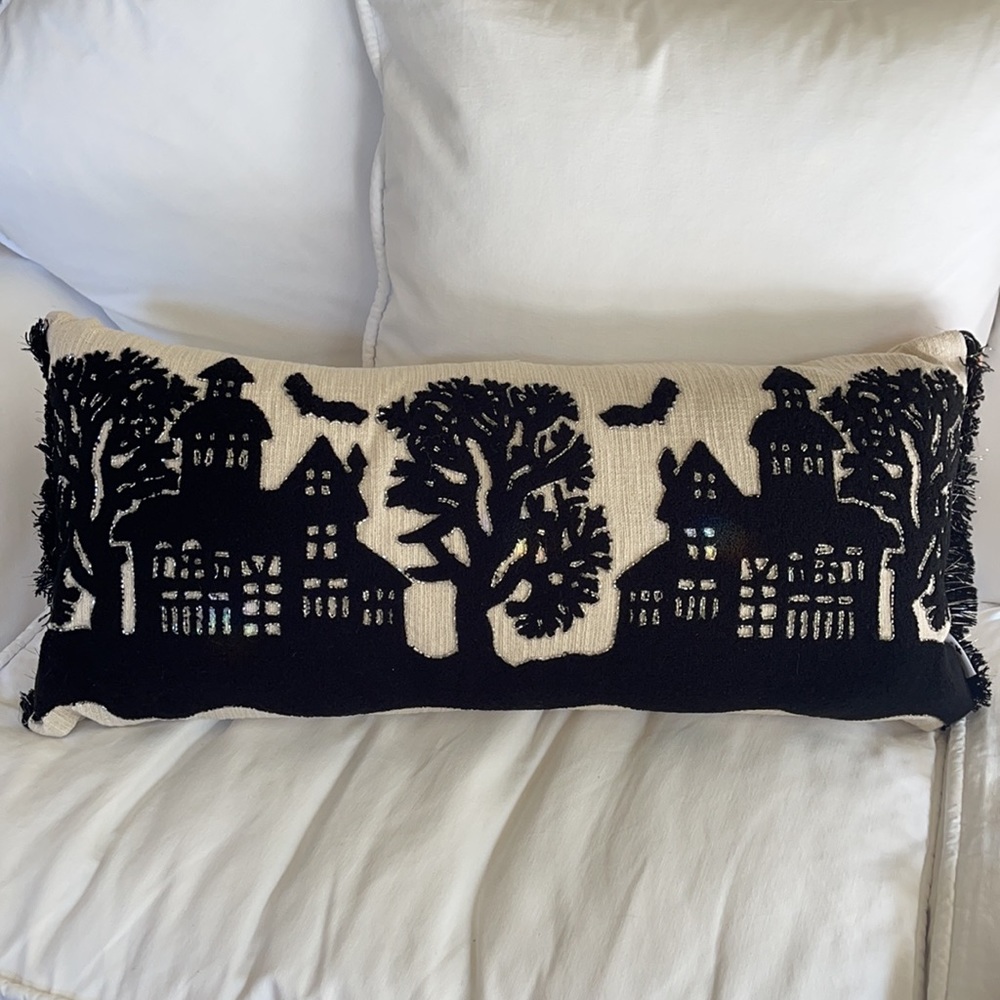 Beaded Haunted House Bats Holiday Rectangle Throw Pillow